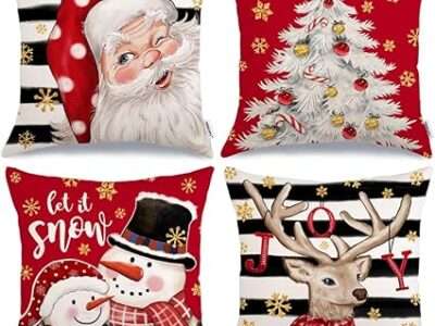GEEORY Christmas Pillow Covers 16 x 16 Inch Set of 4, Stripe Polka Dot Santa Claus Buffalo Deer Snow Tree Xmas Decorative Throw Cushion Cases Holiday Decor Decoration for Home Party Sofa Couch G393-16