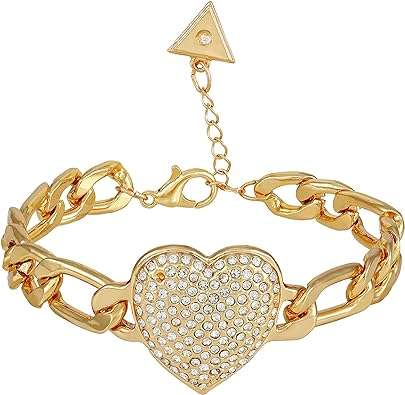 GUESS Goldtone Statement Chunky Curb Bracelet With Pave Heart Pendant