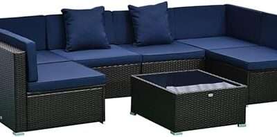 Generic 7-Piece Outdoor Patio Furniture Set with Rattan Wicker for Outdoor Use - Dark Coffee/Blue