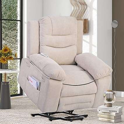 HAUSHECK Electric Power Lift Chairs Recliners for Elderly with 3 Massage Modes & 2 Heating Settings, Upholstered Linen Single Sofa w Wadjustable Backrest, Side Pocket for Living Room Furniture