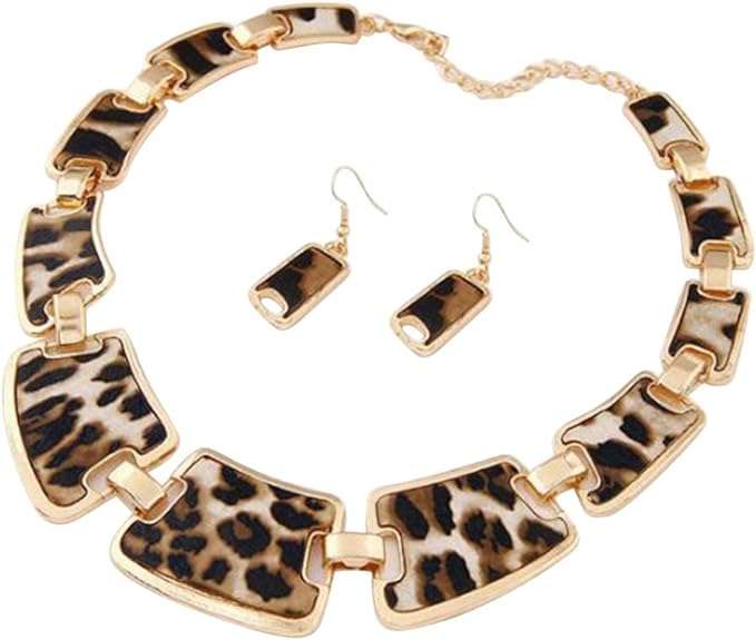 Happyyami Womens Jewelry Necklaces Neck Statement Jewelry Set Leopard Printed Necklace and Earring Fashion Vintage Leopard Necklace Sweater Chain Jewelry Accessories Women's Jewelry Sets
