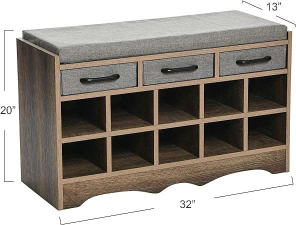 Household Essentials Shoe 10 Cubbies, Cushioned Seat and Storage Drawers, Ashwood Finish Entryway Bench, 19.75x32x12.75 Inches