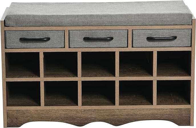 Household Essentials Shoe 10 Cubbies, Cushioned Seat and Storage Drawers, Ashwood Finish Entryway Bench, 19.75x32x12.75 Inches