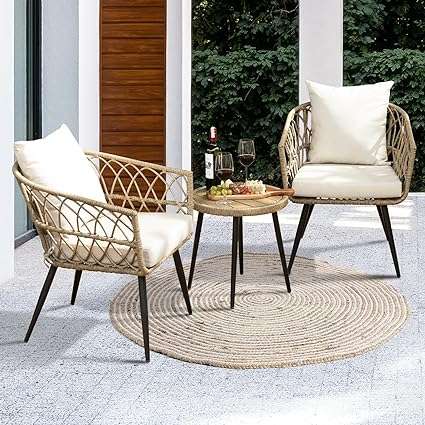 Idzo Pierre 3 Piece Modern Rattan Boho Patio Furniture, Upgraded 2000 Hours UV Resistant Wicker Bistro Set with Premium Olefin Fabric Soft Cushions, Plywood Side Table