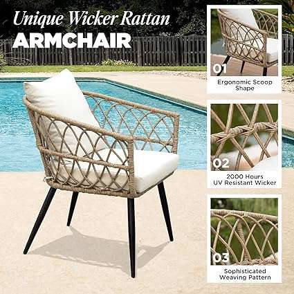 Idzo Pierre 3 Piece Modern Rattan Boho Patio Furniture, Upgraded 2000 Hours UV Resistant Wicker Bistro Set with Premium Olefin Fabric Soft Cushions, Plywood Side Table
