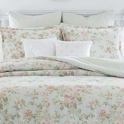 Laura Ashley Home - Queen Comforter Set, Reversible Cotton Bedding, Includes Matching Shams with Bonus Euro Shams & Throw Pillows (Madelynn Pastel Blue, Queen)