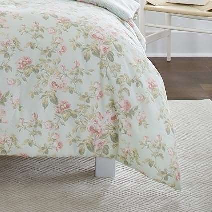 Laura Ashley Home - Queen Comforter Set, Reversible Cotton Bedding, Includes Matching Shams with Bonus Euro Shams & Throw Pillows (Madelynn Pastel Blue, Queen)