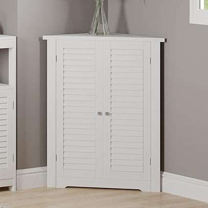 Lavish Home 3-Shelf Corner Cabinet – Storage Cupboard with Stylish Shutter Doors and Adjustable Shelves for Kitchen or Bathroom Furniture (White), Small
