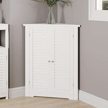Lavish Home 3-Shelf Corner Cabinet – Storage Cupboard with Stylish Shutter Doors and Adjustable Shelves for Kitchen or Bathroom Furniture (White), Small