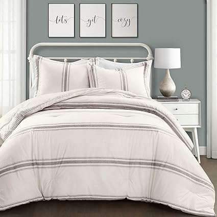 Lush Decor Farmhouse Stripe 3 Piece Reversible Comforter Bedding Set, Full Queen, Gray