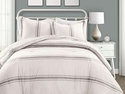 Lush Decor Farmhouse Stripe 3 Piece Reversible Comforter Bedding Set, Full Queen, Gray