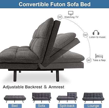 Maxspeed Futon Sofa Bed Memory Foam Couch Convertible Modern Loveseat Sleeper Sofa with Adjustable Armrests and Metal Legs,Multifunctional Futon Sofa Bed for Living Room,Office, Small Spaces