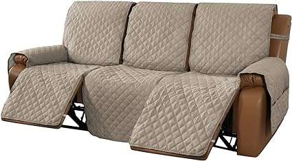 MeilleMaison Recliner Sofa Slipcover Couch Covers for 3 Cushion Couch, Non Slip Reclining Sofa Cover with Elastic Straps, Pets (3 Seater, Khaki Beige) (MMCLKR03C4), 22D x 92 W x 51 H