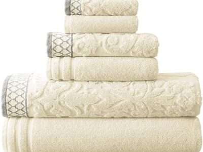 Modern Threads 6-Piece Damask Jacquard Solid Ultra Soft 550GSM 100% Combed Cotton Towel Set with Embellished Borders [Ivory]
