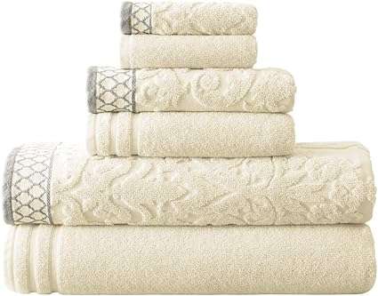 Modern Threads 6-Piece Damask Jacquard Solid Ultra Soft 550GSM 100% Combed Cotton Towel Set with Embellished Borders [Ivory]