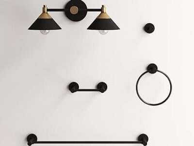 Nathan James Richie Bathroom Light Fixture Sconce Lighting, Vintage Wall Mounted 2-Lights Vanity Fixture with Farmhouse Black Metal and Brass Shades and 4-Piece Black Metal Bathroom Accessory Set