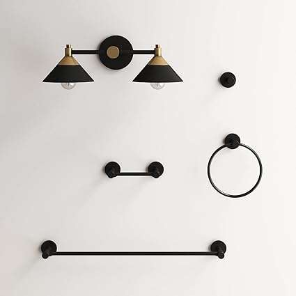 Nathan James Richie Bathroom Light Fixture Sconce Lighting, Vintage Wall Mounted 2-Lights Vanity Fixture with Farmhouse Black Metal and Brass Shades and 4-Piece Black Metal Bathroom Accessory Set