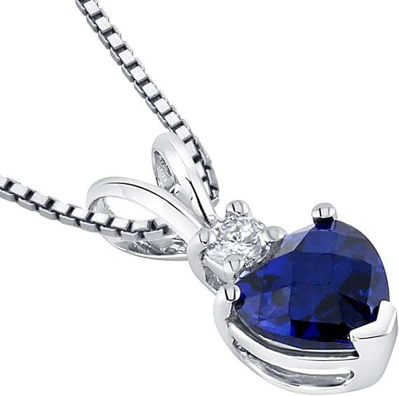 PEORA Solid 14K White Gold Created Blue Sapphire with Genuine Diamond Pendant for Women, Heart Shape Solitaire, 6mm, 1.20 Carats total