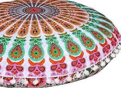Round Mandala Floor Pillow Cover Seating Cushion Throw Cover Ottoman Pouf Cover Pom Pom Pillow Cases Hippie Decorative Bohemian Boho Indian 22 Inches