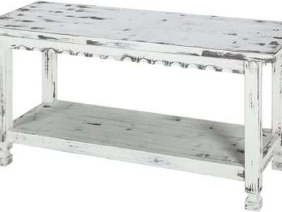 Rustic Cottage Bench with 1 Shelf, White Antique