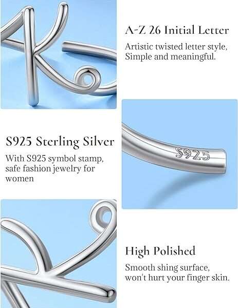 SILVERCUTE S925 Initial Rings, Adjustable Size 6-12 Statement Alphabet Letter A-Z Jewelry Personalized Twisted Initials Rings Sterling Silver Stacking Ring for Women Girls