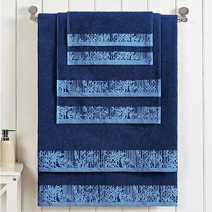 SUPERIOR 6-Piece Cotton Towel Set, Floral Jacquard Dobby Border, Quick Dry, Decorative Bathroom, Spa, Shower, Bath, Includes 2 Body, 2 Hand, 2 Face Towels/Washcloths, Wisteria Collection, Navy Blue