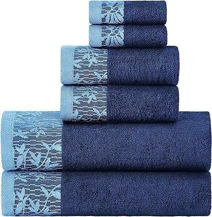 SUPERIOR 6-Piece Cotton Towel Set, Floral Jacquard Dobby Border, Quick Dry, Decorative Bathroom, Spa, Shower, Bath, Includes 2 Body, 2 Hand, 2 Face Towels/Washcloths, Wisteria Collection, Navy Blue
