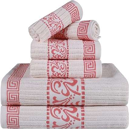 SUPERIOR Greek Pattern Decorative 6-Piece Towel Set, Absorbent Premium Cotton, Decor for Bathroom, Spa, Includes 2 Hand, 2 Face, and 2 Bath Towels, Home Essentials, Athens Collection