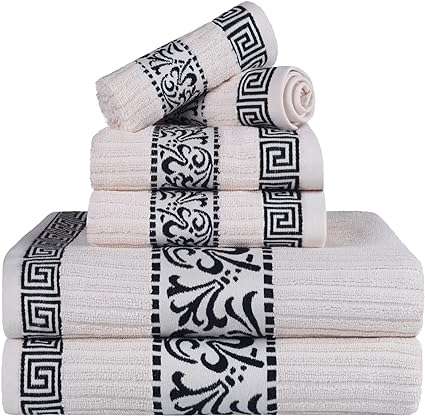 SUPERIOR Greek Pattern Decorative 6-Piece Towel Set, Absorbent Premium Cotton, Decor for Bathroom, Spa, Includes 2 Hand, 2 Face, and 2 Bath Towels, Home Essentials, Athens Collection