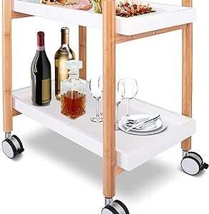 SereneLife Bar Carts for The Home, 2 Tier Bamboo Bar Cart with Wheels and Removable Trays for Serving Food, Wine, Coffee