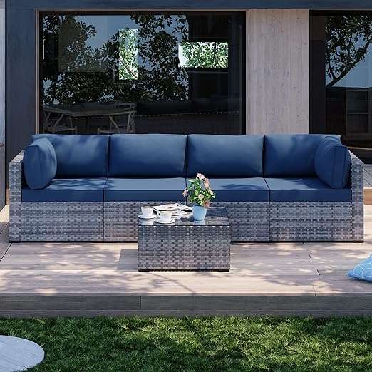 Shintenchi 5 Pieces Outdoor Patio Sectional Sofa Couch, Silver Gray PE Wicker Furniture Conversation Sets with Washable Cushions & Glass Coffee Table for Garden, Poolside, Backyard (Aegean Blue)