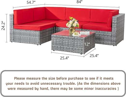 Shintenchi 5 Pieces Outdoor Patio Sectional Sofa Couch, Silver Gray PE Wicker Furniture Conversation Sets with Washable Cushions & Glass Coffee Table for Garden, Poolside, Backyard (Red)