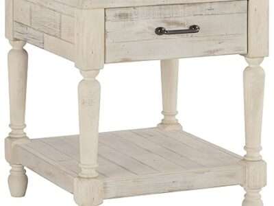 Signature Design by Ashley Shawnalore Farmhouse Solid Pine Wood End Table, Weatherworn White Finish