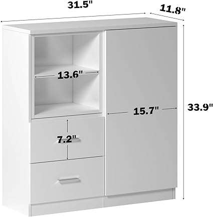 SogesGame Floor Storage Cabinet, White Storage Cabinet with 1 Door and 2 Drawers, Modern Bathroom Storage Cabinet for Living Room Kitchen and Home Office