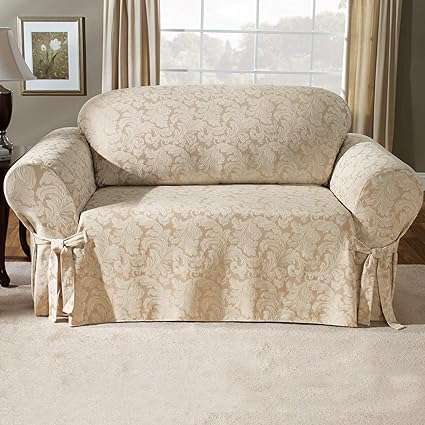 SureFit Home Décor SF24986 Scroll Damask Box Cushion Loveseat Cover, Relaxed Fit, Cotton Polyester, Machine Washable, One Piece, Champagne Color