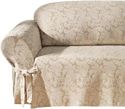 SureFit Home Décor SF24986 Scroll Damask Box Cushion Loveseat Cover, Relaxed Fit, Cotton Polyester, Machine Washable, One Piece, Champagne Color