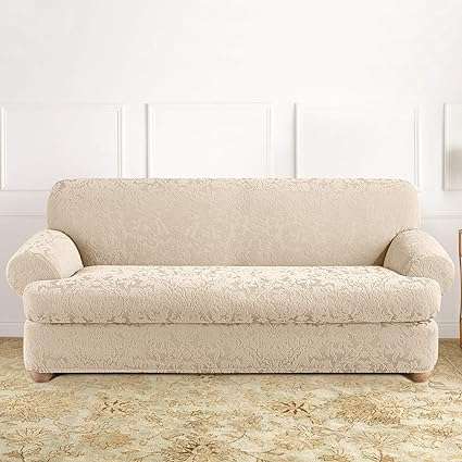SureFit Stretch Jacquard Damask 2 Piece T Cushion Sofa Slipcover in Oyster