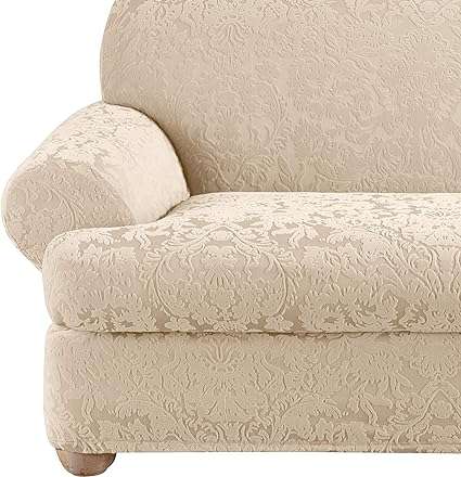 SureFit Stretch Jacquard Damask 2 Piece T Cushion Sofa Slipcover in Oyster