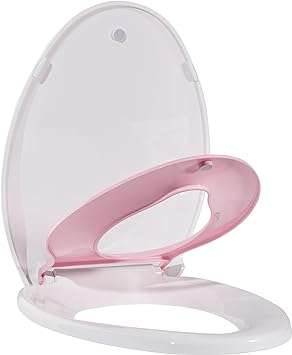 Toilet Seat, Elongated Toilet Seat with Toddler Seat Built in, Potty Training Toilet Seat Elongated Fits Both Adult and Child, with Slow Close and Magnets- Elongated White and Pink