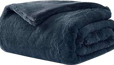 UGG 16804 Euphoria Plush Faux Fur Reversible Throw Blanket Easy Care Machine Washable Luxury Cozy Fuzzy Fluffy Luxurious Home Decor Luxurious Soft Blanket for Sofa, 70 x 50-inch, Indigo