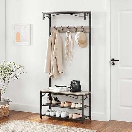 VASAGLE Shoe Bench Rack, 3-Tier Storage Shelf for Entryway Hallway Living Room, Industrial Accent Furniture with Steel Frame, 12.6 x 31.5 x 70.3 Inches, Greige