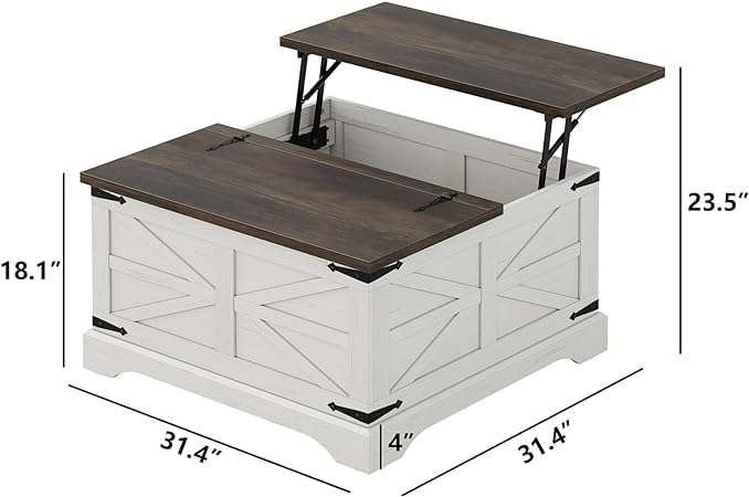 furomate Farmhouse Lift Top Coffee Table, Square Wood Center Table with Large Hidden Storage Compartment for Living Room, Rustic Cocktail Table with Hinged Lift Top for Home