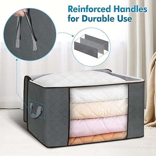 90L Large Storage Bags, 6 Pack Clothes Storage Bins Foldable Closet Organizers Storage Containers with Durable Handle for Clothing, Blanket, Comforters, Bed Sheets, Pillows and Toys (Gray)