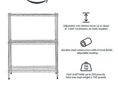 Amazon Basics 3-Shelf Narrow Adjustable, Heavy Duty Storage Shelving Unit (250 lbs loading capacity per shelf), Steel Organizer Wire Rack, Chrome,