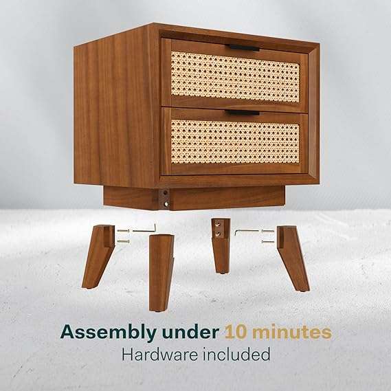 Bme Jasper Deluxe Solid Wood Rattan Nightstand Fully Assembled-Mid Century Modern Side Table with 2 Drawers-Multipurpose use for Living Room, Bedroom-Dark Chocolate, Walnut