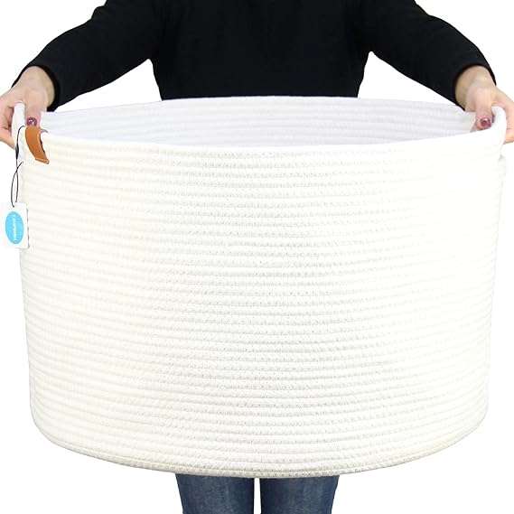 Casaphoria XXXLarge Cotton Rope Basket for Living Room - Woven Storage Basket with Handle for Blankets, Towels and Pillows Laundry Hamper cream white