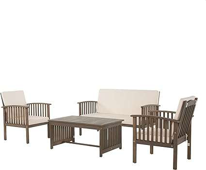 Christopher Knight Home 298932 Beckley Patio Furniture 4 Piece Acacia Wood Outdoor Chat Set, Grey