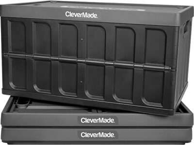 CleverMade 46L Collapsible Storage Bins with Lids - Folding Plastic Stackable Utility Crates, Solid Wall 3 Pack, Charcoal