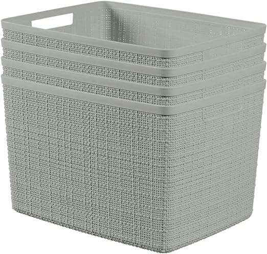 Curver Set of 4 Jute Large Decorative Plastic Organization and Storage Baskets Perfect Bins for Home Office, Closet Shelves, Kitchen Pantry and All Bedroom Essentials, Black