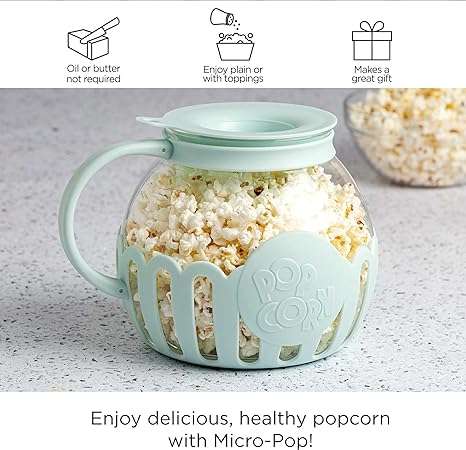Ecolution Patented Micro-Pop Microwave Popcorn Popper with Temperature Safe Glass, 3-in-1 Lid Measures Kernels and Melts Butter, Made Without BPA, Dishwasher Safe, 3-Quart, Aqua